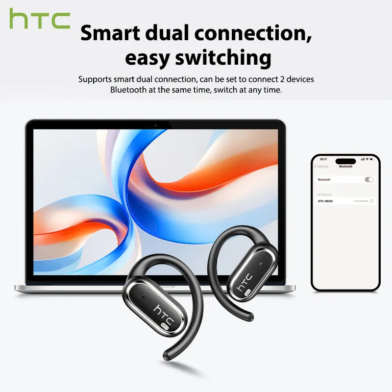 Écouteurs Bluetooth 6.0 HTC NE03, casque sans fil avec micro, bouton de contrôle, réduction du bruit, crochets d'oreille, casque de sport étanche