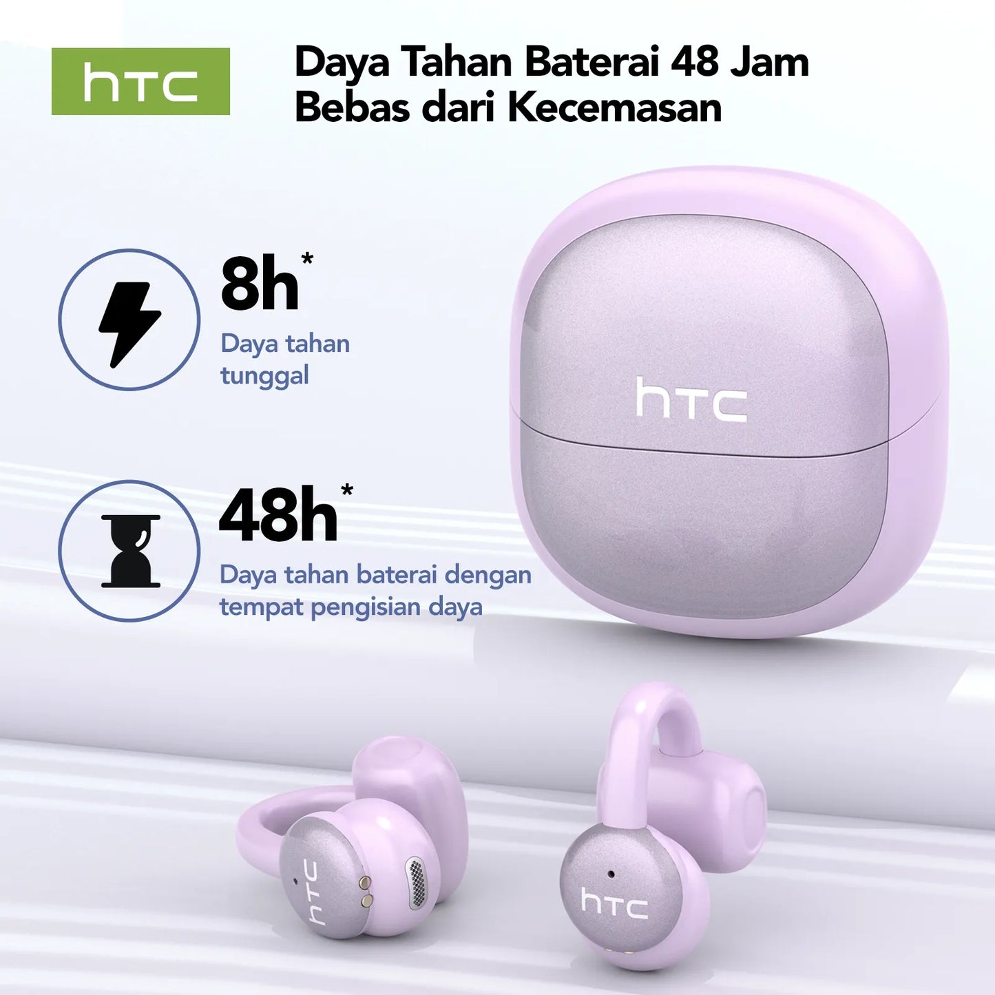 Auriculares deportivos inalámbricos Bluetooth HTC NE15 con traducción de IA y micrófono, resistentes al agua IPX5, con gancho para la oreja, estéreo de alta fidelidad y para música.