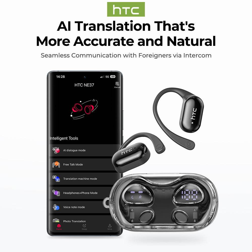 HTC NE37 Bluetooth V6.0 AI Earphones OWS Sports Wireless Headphones Open-Ear Translator Earbuds with Mic Powerful Bass Longlife - HTCTOP
