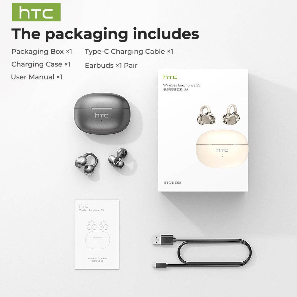 HTC NE55 OWS - Clip-on earphones, Bluetooth headset, IPX4 waterproof, equipped with charging box, built-in microphone. NC noise reduction, comfortable to wear, excellent sound quality, suitable for office, sports, study and voice calls. - HTCTOP