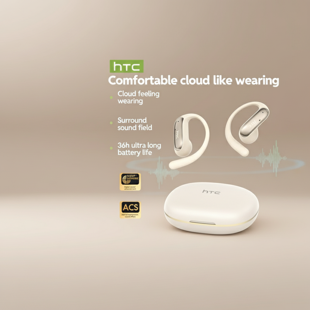 HTC NE52 Open-Ear Wireless Earbuds: Cloud-Like Comfort with 36H Battery Life