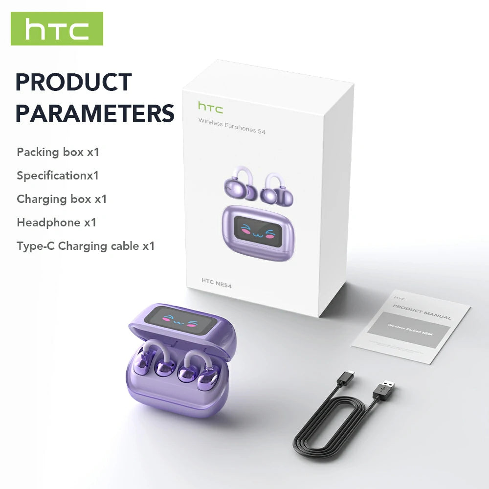 Écouteurs Bluetooth V6.0 HTC NE54 OWS avec clip d'oreille, casque sans fil, réduction du bruit longue durée, traducteur IA