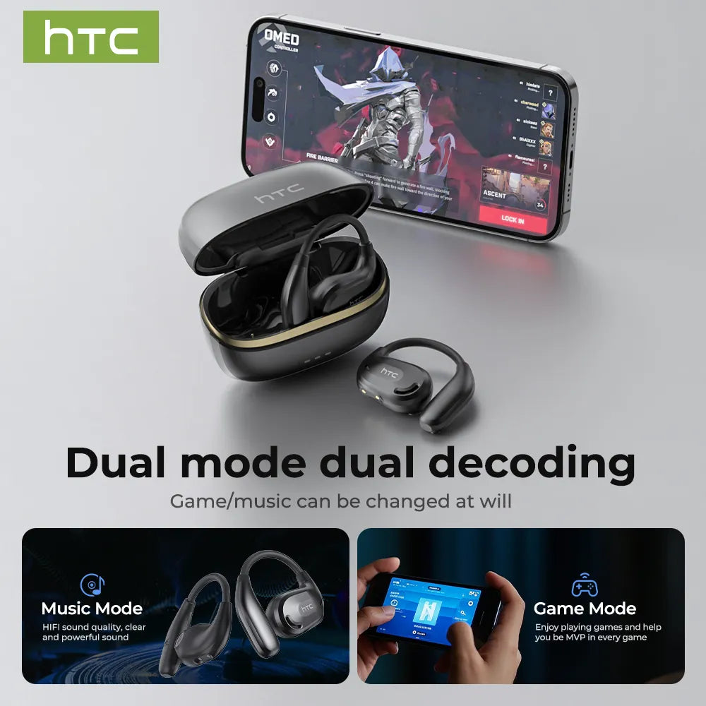 Auriculares HTC NE18 AI Translator Bluetooth V6.0 TWS deportivos inalámbricos con gancho para la oreja, ligeros y elegantes, color plateado