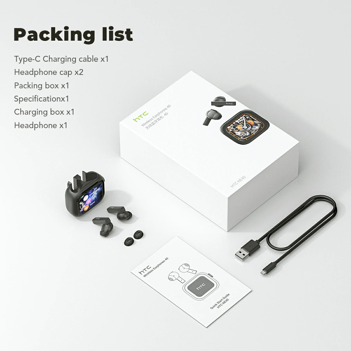 Écouteurs Bluetooth 6.0 HTC NE40, écran LED, haute fidélité, étanches, sans fil, contrôle tactile TWS, adaptés au bureau, au sport, aux études et aux appels audio | Microphone intégré | Écouteurs