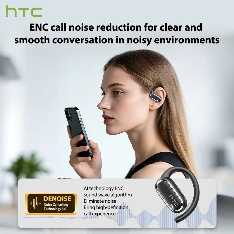 Écouteurs Bluetooth 6.0 HTC NE03, casque sans fil avec micro, bouton de contrôle, réduction du bruit, crochets d'oreille, casque de sport étanche