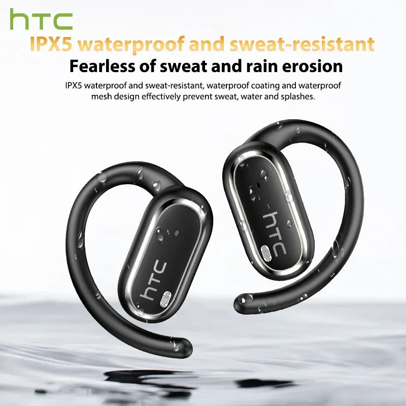 Écouteurs Bluetooth 6.0 HTC NE03, casque sans fil avec micro, bouton de contrôle, réduction du bruit, crochets d'oreille, casque de sport étanche