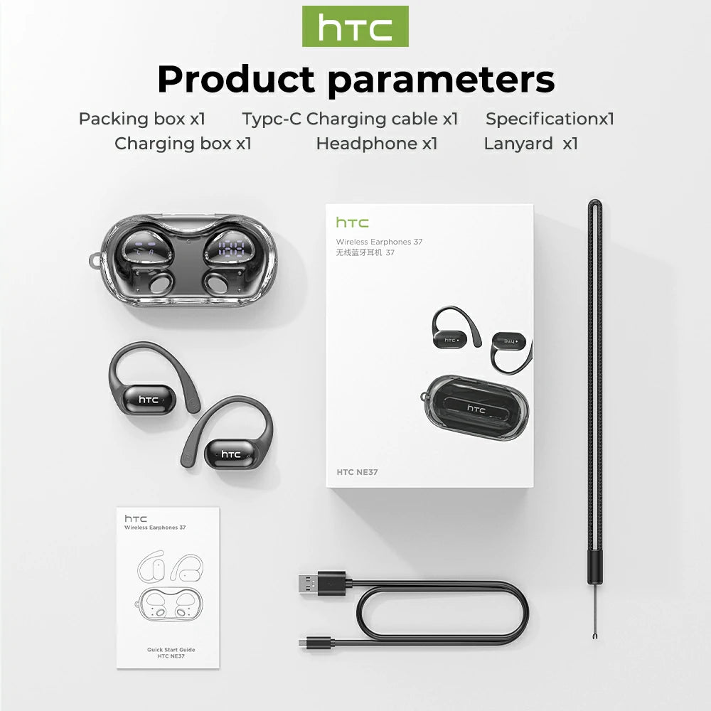 Écouteurs sans fil Bluetooth V6.0 IA HTC NE37 OWS Sports, écouteurs intra-auriculaires avec microphone, basses puissantes et longue durée de vie