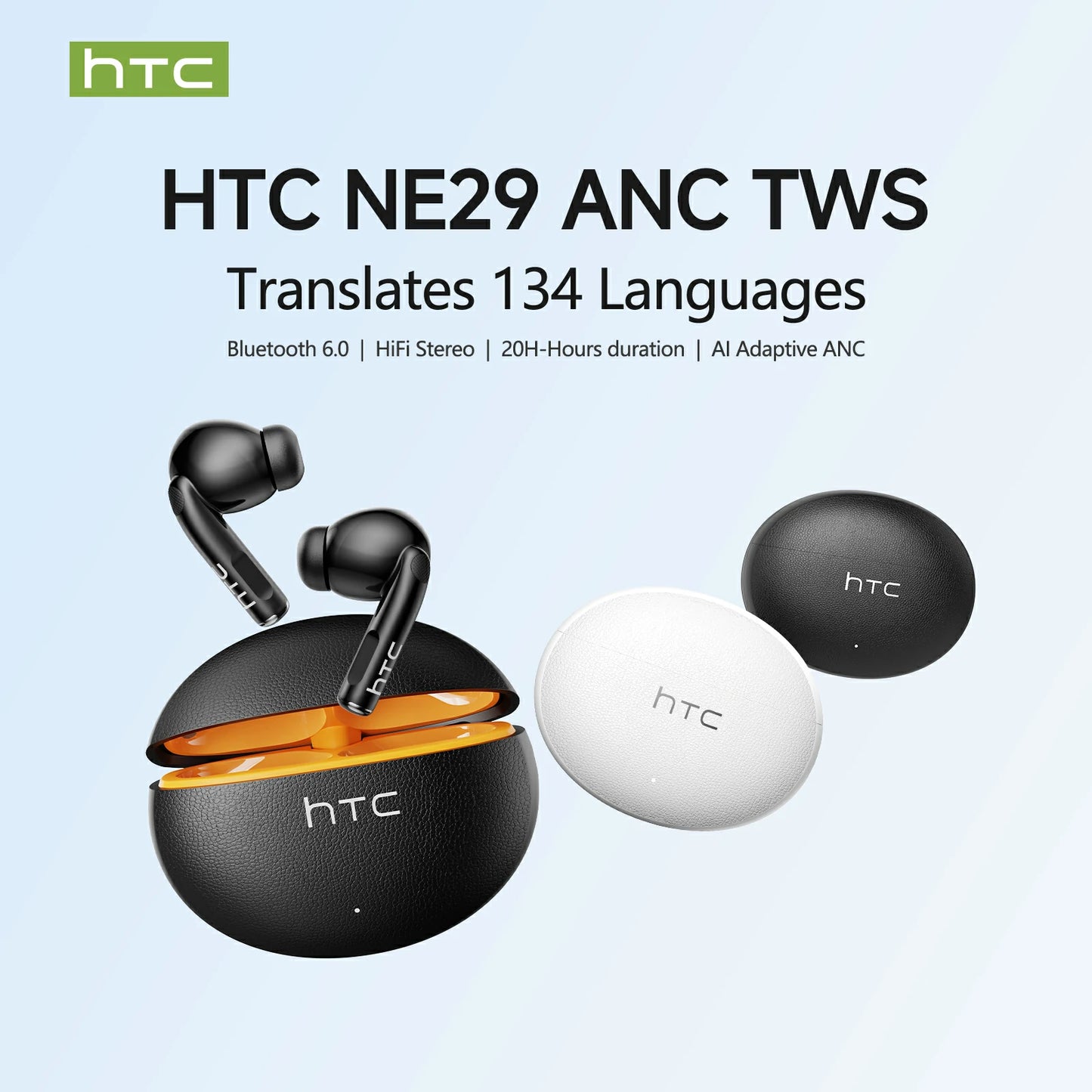 Écouteurs intra-auriculaires sans fil HTC NE29 Bluetooth V6.0, traducteur IA, casque de sport OWS, confortables et ultra-légers