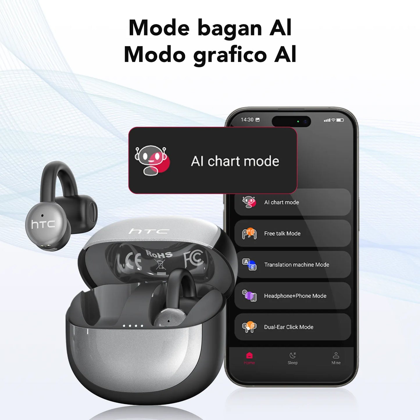 Écouteurs intra-auriculaires Bluetooth HTC NE15 avec microphone et traduction AI. Écouteurs de sport sans fil avec crochets d'oreille étanches IPX5. Écouteurs Bluetooth HiFi stéréo pour téléphone.