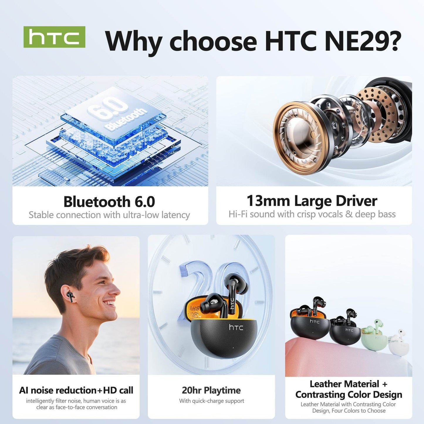 HTC NE29 Bluetooth V6.0 Earphones AI Translator Earbuds OWS Sports Headphones Comfortable Ultra-light in Ear Wireless Headphones - HTCTOP