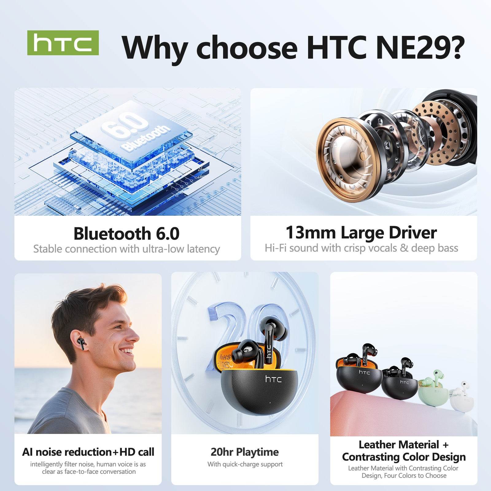 HTC NE29 Bluetooth V6.0 Earphones AI Translator Earbuds OWS Sports Headphones Comfortable Ultra-light in Ear Wireless Headphones - HTCTOP