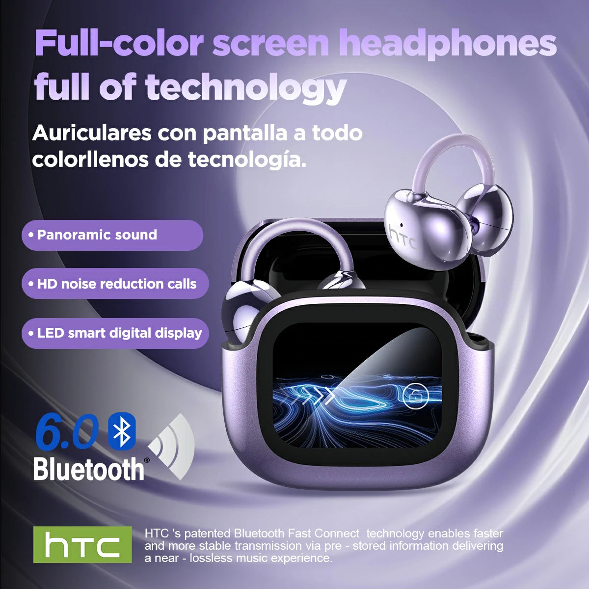 Auriculares HTC NE32 Bluetooth V6.0 AI con pantalla táctil LCD y clip para la oreja OWS Auriculares inalámbricos con traductor y reducción de ruido para llamadas