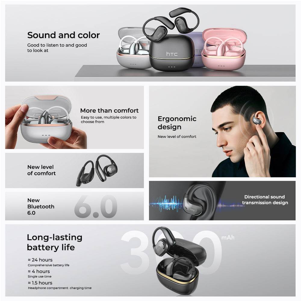 HTC NE18 AI Translator Earbuds Bluetooth V6.0 Earphones TWS Sports Wireless Headphones EarHook Lightweight Headsets Sleek Silver - HTCTOP
