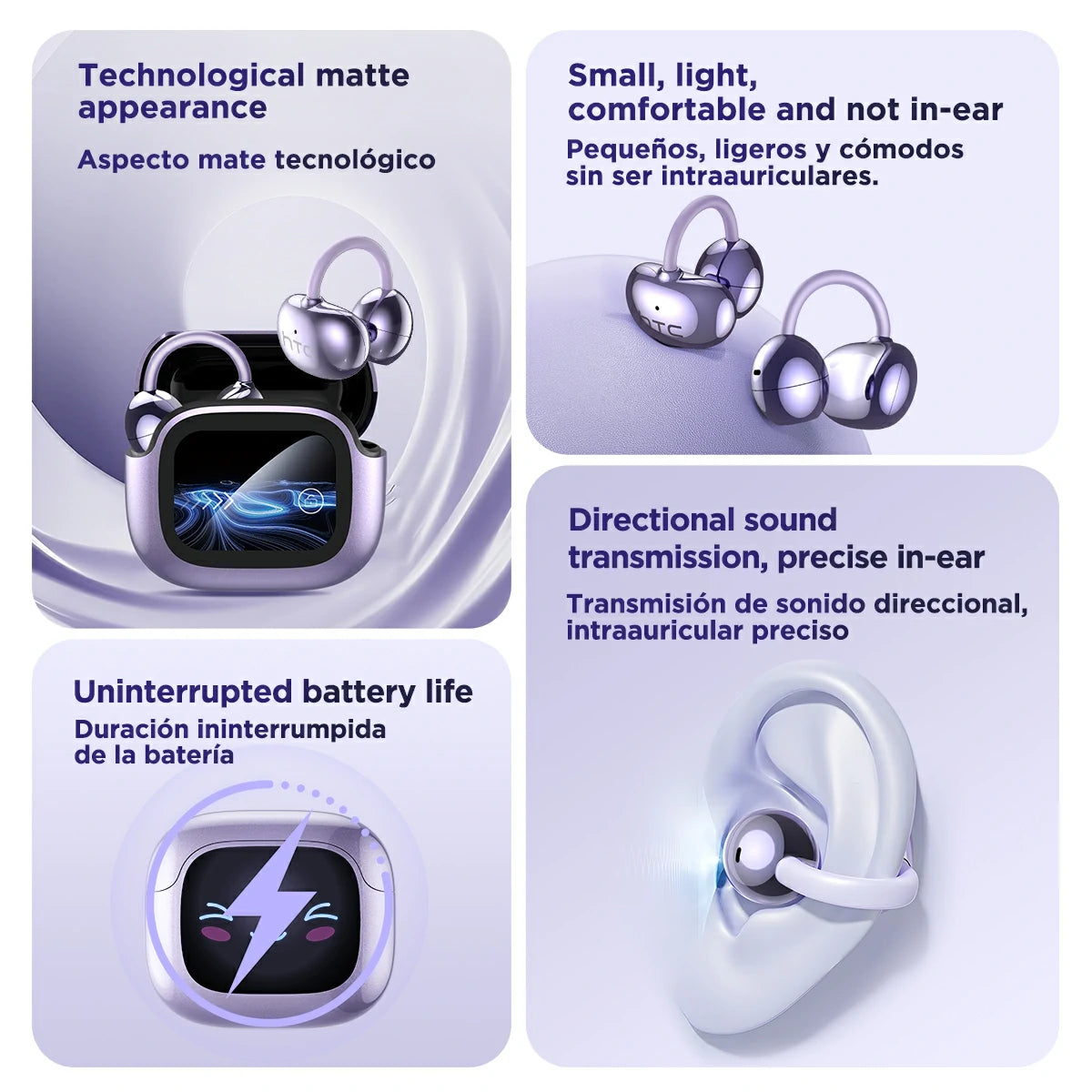 Auriculares HTC NE32 Bluetooth V6.0 AI con pantalla táctil LCD y clip para la oreja OWS Auriculares inalámbricos con traductor y reducción de ruido para llamadas