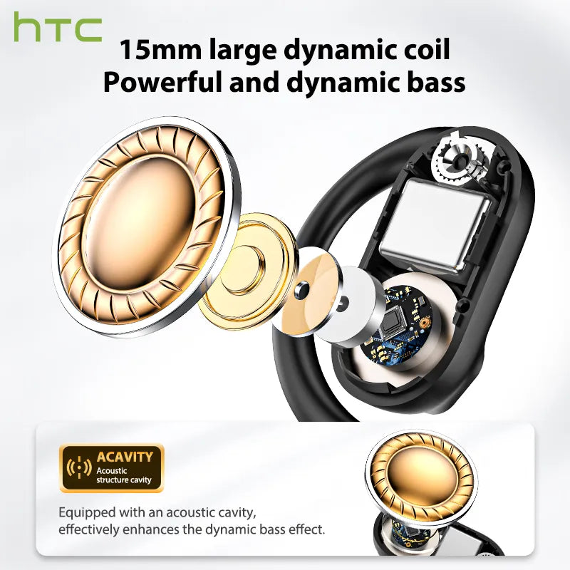 Écouteurs Bluetooth 6.0 HTC NE03, casque sans fil avec micro, bouton de contrôle, réduction du bruit, crochets d'oreille, casque de sport étanche