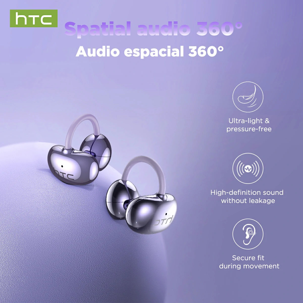 Auriculares HTC NE32 Bluetooth V6.0 AI con pantalla táctil LCD y clip para la oreja OWS Auriculares inalámbricos con traductor y reducción de ruido para llamadas