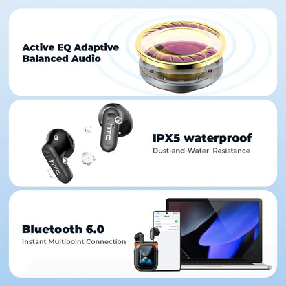 Auriculares HTC NE20 Bluetooth 5.4 con pantalla LED, inalámbricos, resistentes al agua y de alta fidelidad | Ideales para la oficina, el deporte, el estudio y las llamadas | Micrófono integrado | Auriculares