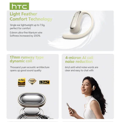 HTC NE52 Open-Style Headphones - Supports Translation in 134 Languages, 40H Ultra Endurance, HiFi Bass, IPX5 Waterproof, Bluetooth 6.0, Over Ear Design - Audio - HTCTOP