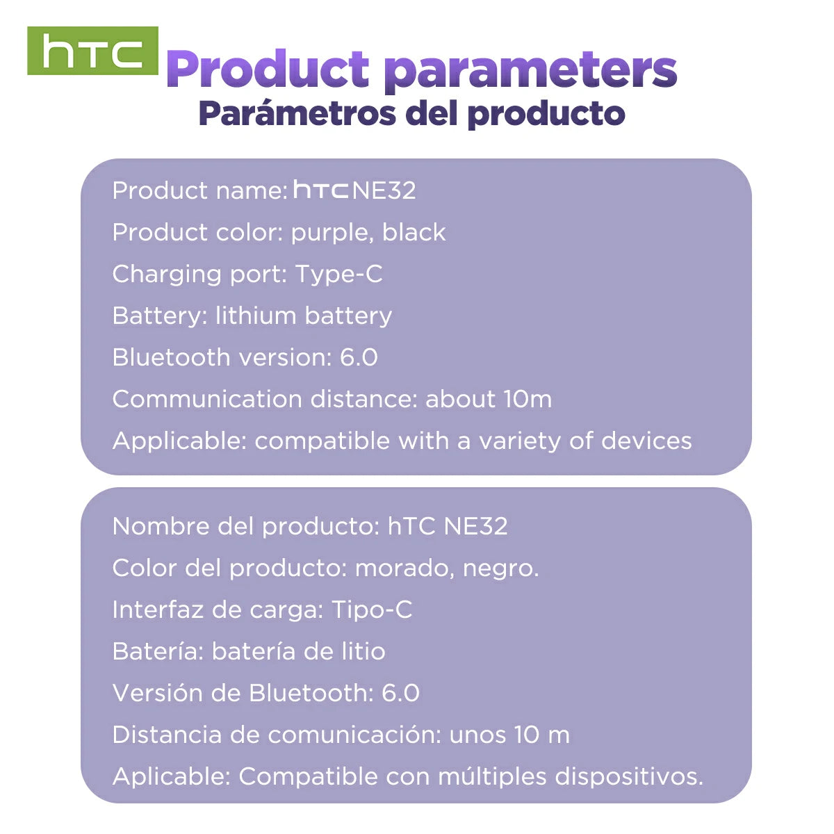 Auriculares HTC NE32 Bluetooth V6.0 AI con pantalla táctil LCD y clip para la oreja OWS Auriculares inalámbricos con traductor y reducción de ruido para llamadas
