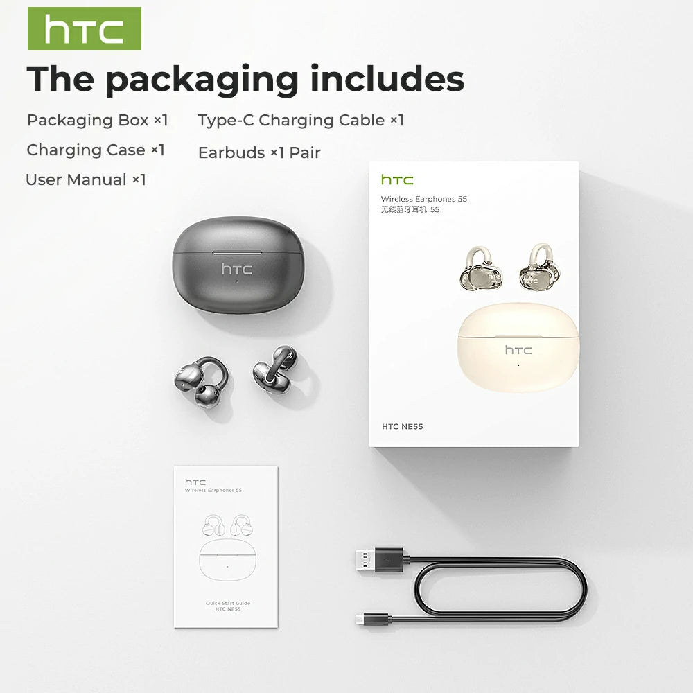 HTC NE55 OWS - Écouteurs clipsables Bluetooth, étanches IPX4, avec boîtier de charge et microphone intégré. Réduction du bruit NC, agréable à porter, excellente qualité sonore, idéal pour le bureau, le sport, les études et les appels vocaux.