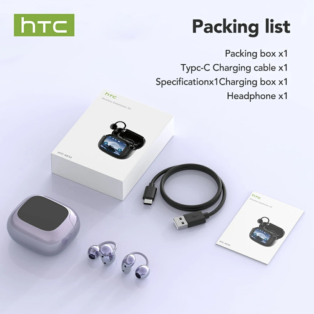 Auriculares HTC NE32 Bluetooth V6.0 AI con pantalla táctil LCD y clip para la oreja OWS Auriculares inalámbricos con traductor y reducción de ruido para llamadas