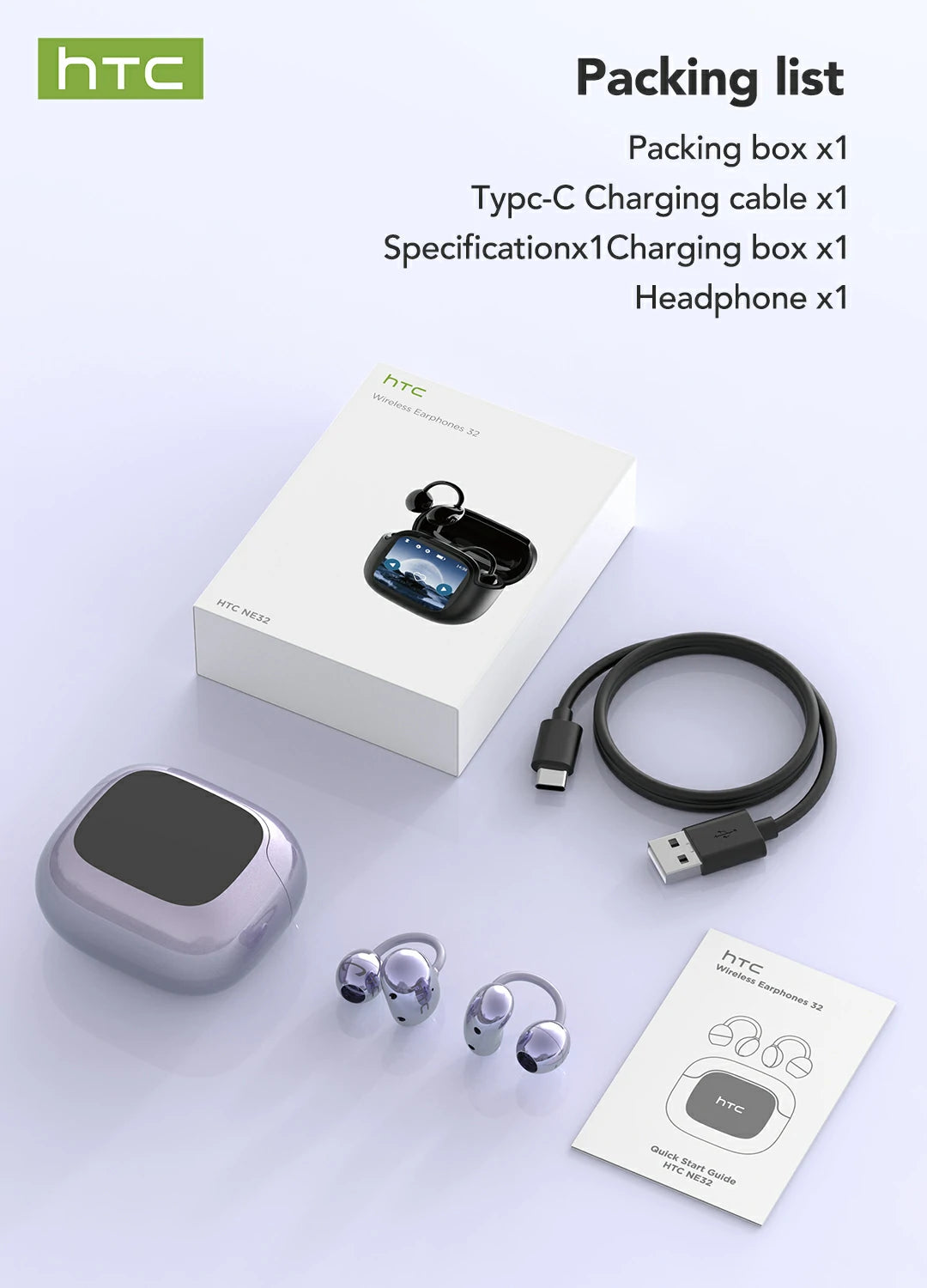 Auriculares HTC NE32 Bluetooth V6.0 AI con pantalla táctil LCD y clip para la oreja OWS Auriculares inalámbricos con traductor y reducción de ruido para llamadas