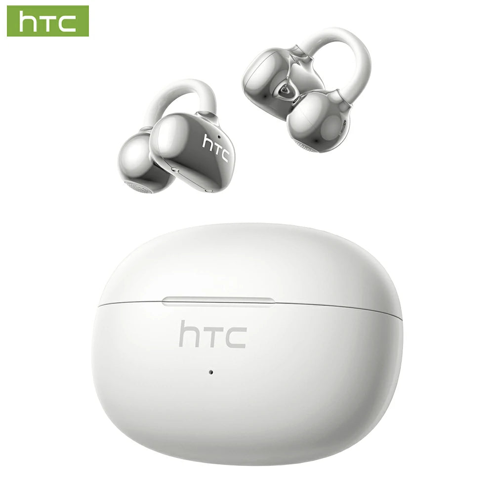 HTC NE55 OWS - Écouteurs clipsables Bluetooth, étanches IPX4, avec boîtier de charge et microphone intégré. Réduction du bruit NC, agréable à porter, excellente qualité sonore, idéal pour le bureau, le sport, les études et les appels vocaux.